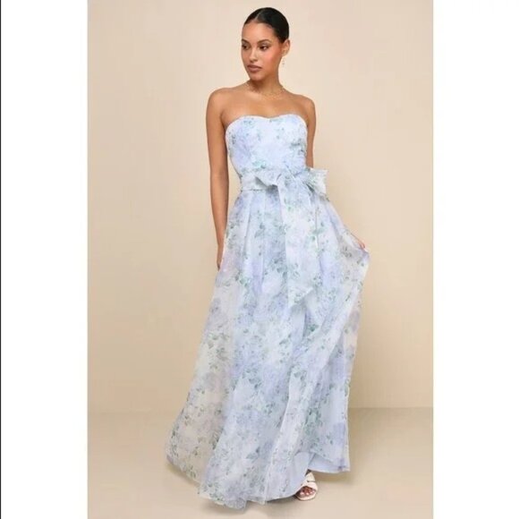 NWT Lulus Charming Sweetness Periwinkle Blue Floral Strapless Organza Maxi Dress - Picture 1 of 13